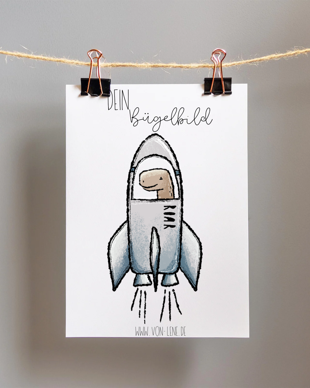 Bügelbild groß Dino im All Rakete