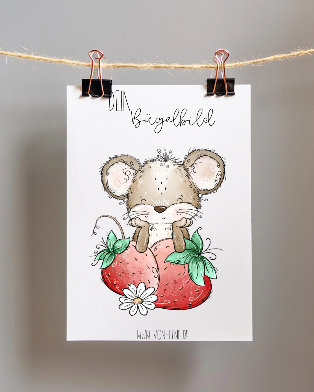 Bügelbild groß Maus Erdbeere braun mit Frucht