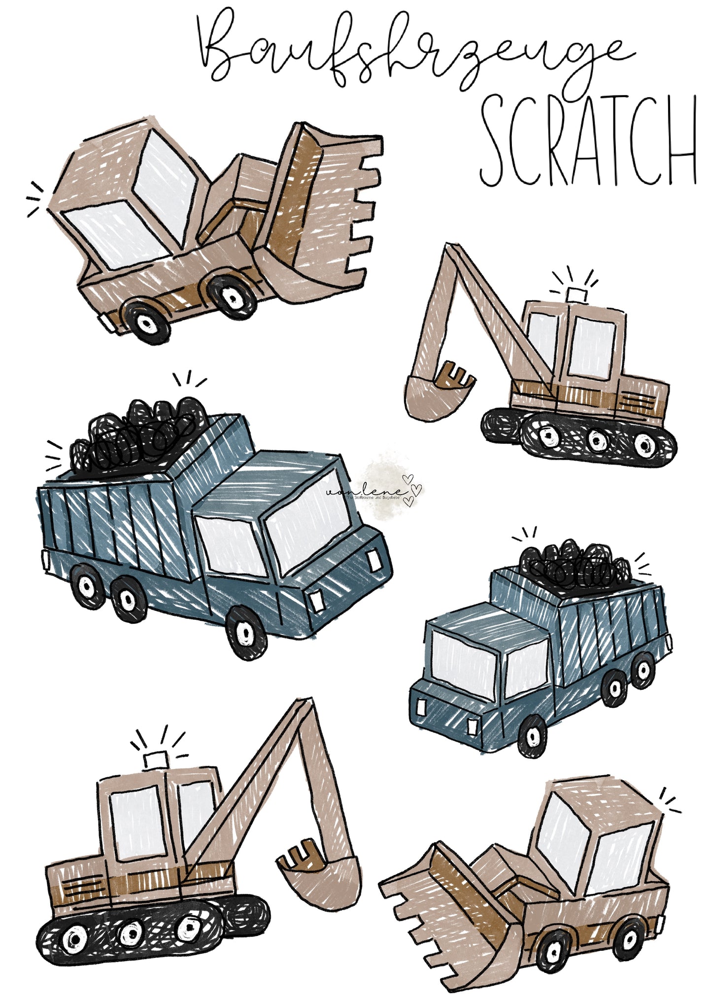 Bügelbildbogen A4 Baustellenfahrzeuge Scratch