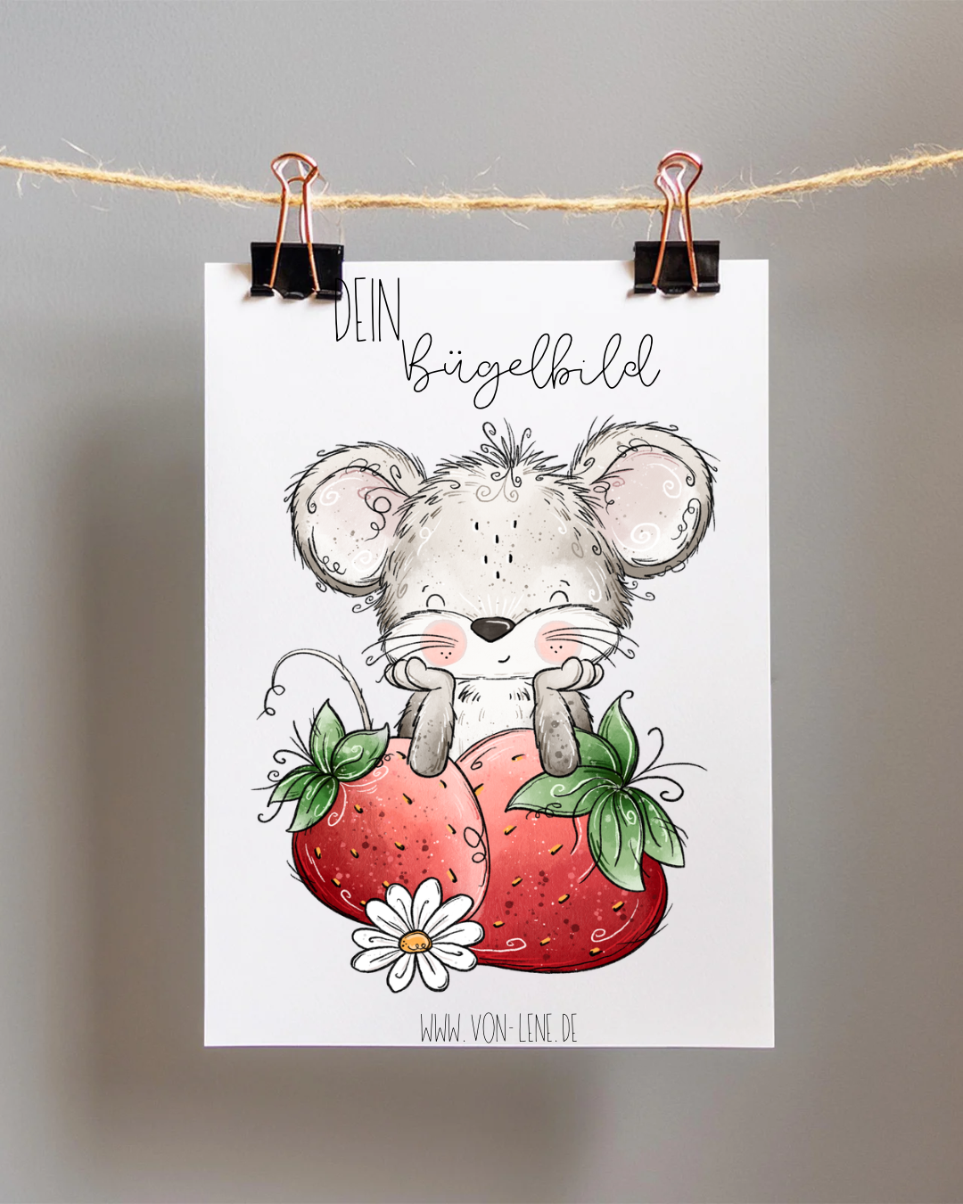 Bügelbild groß Maus Erdbeere grau mit Frucht