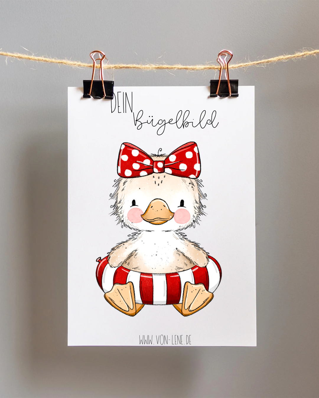 Bügelbild Badetag Ente Rot Schleife