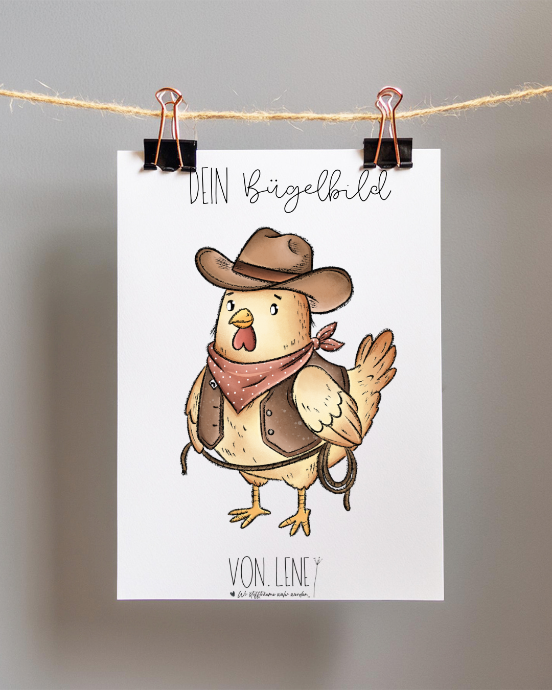 Bügelbild Huhn Cowboy
