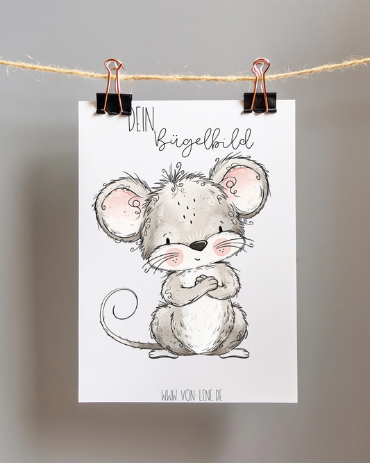 Bügelbild groß Maus Erdbeere grau