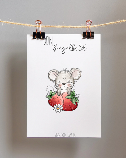 Bügelbild mini Maus Erdbeere grau mit Frucht