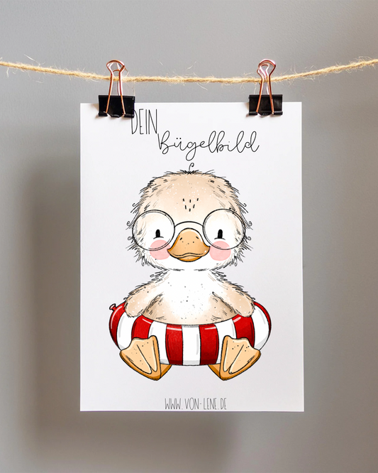 Bügelbild Badetag Ente Rot mit Brille