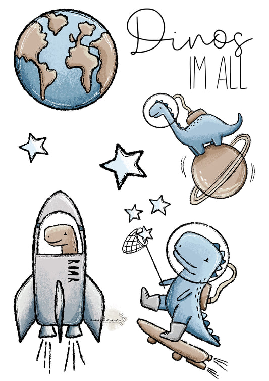 Bügelbildbogen A4 Dinos im All