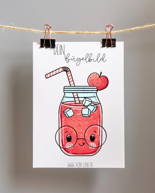 Bügelbild Limonade Erdbeere mit Brille
