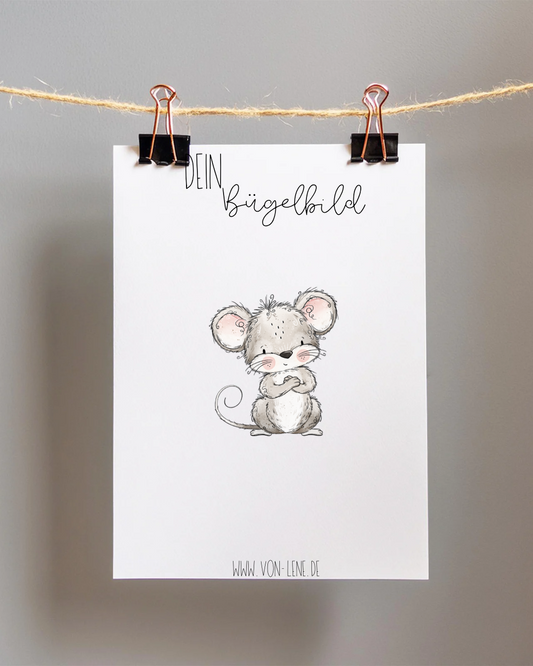 Bügelbild mini Maus Erdbeere grau