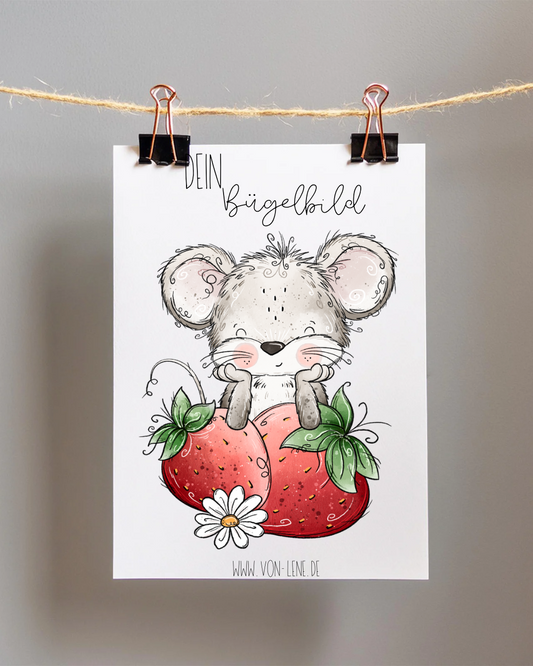 Bügelbild groß Maus Erdbeere grau mit Frucht