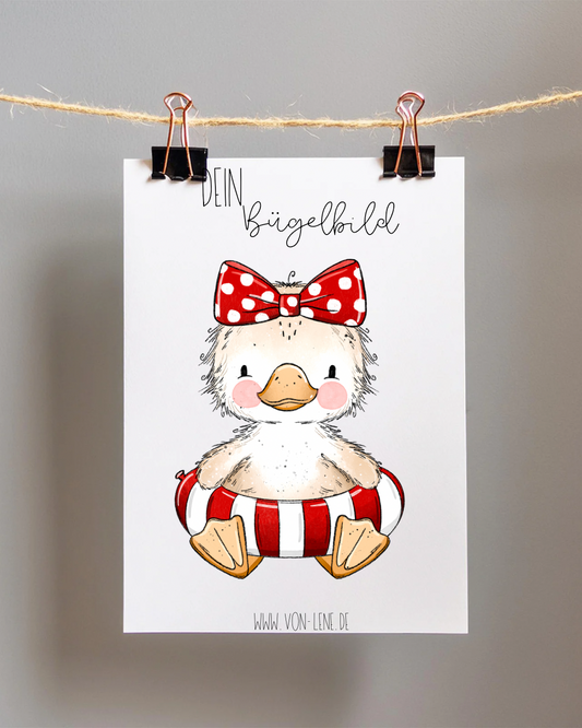 Bügelbild Badetag Ente Rot Schleife