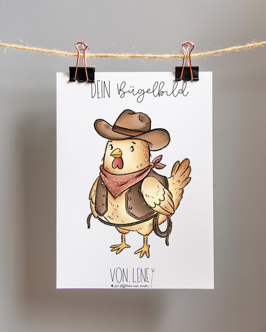 Bügelbild Huhn Cowboy