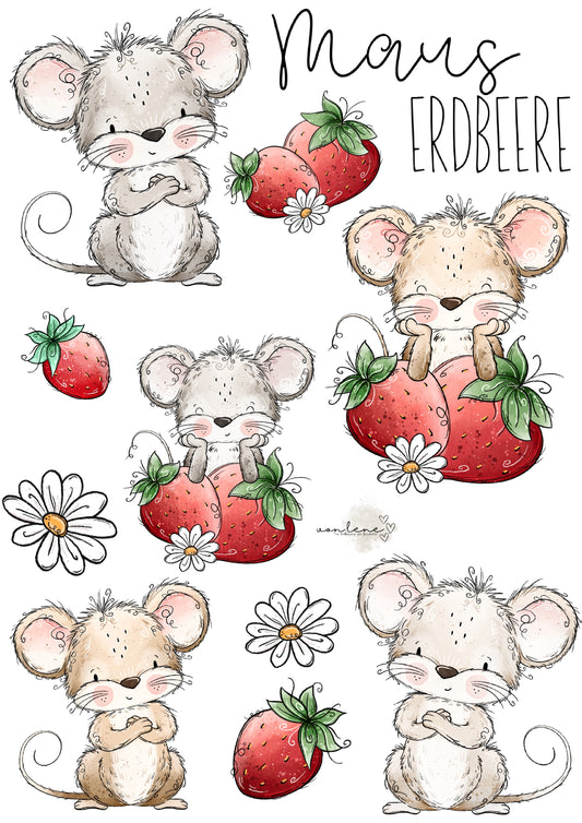 Bügelbildbogen A4 Maus Erdbeere